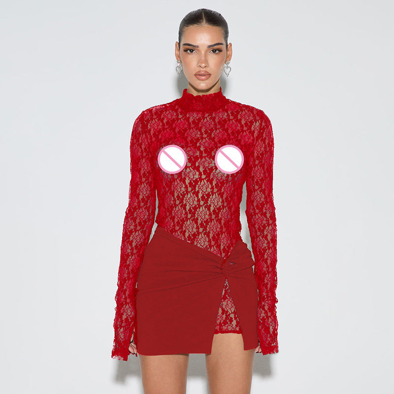Robe courte en dentelle transparente à manches longues Berg-Feldt pour femme