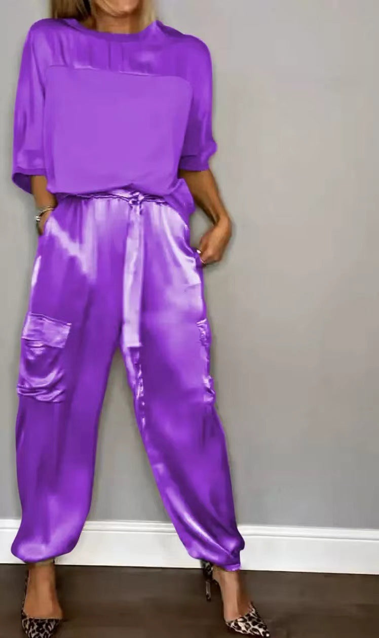 Bequemer Satin-Loungewear-Set für Damen mit Cargo-Taschen und elastischem Bund von berg-feldt