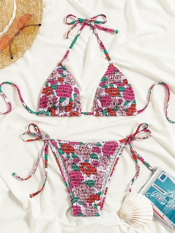 Berg-Feldt Ensemble de bikini pour femme : Fronces élastiques, motif floral fantaisie