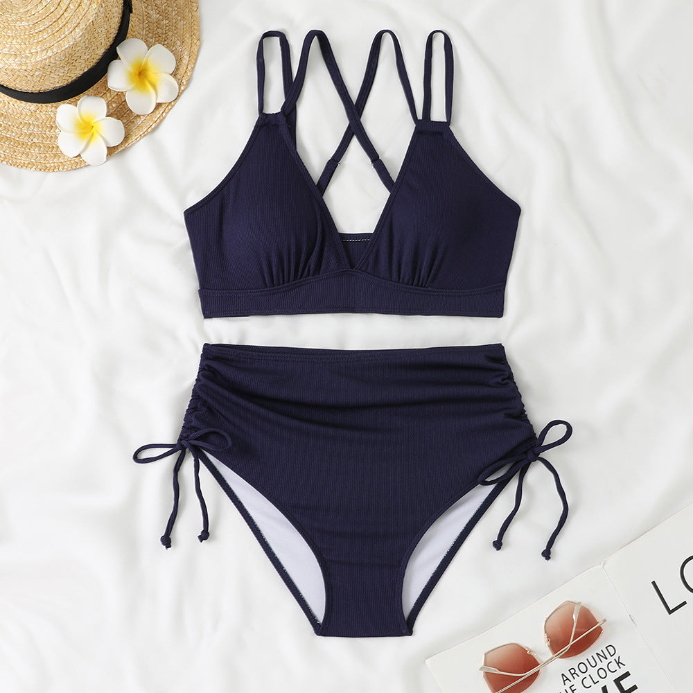 Ensemble bikini côtelé taille haute avec liens ajustables sur les côtés, par berg-feldt pour femme