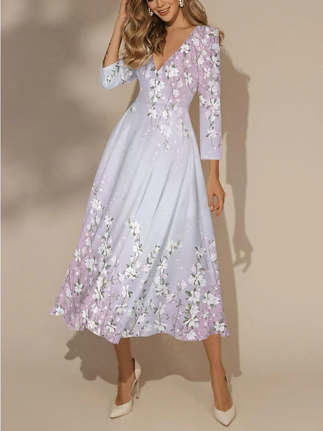 Robe midi trapèze à imprimé floral, col en V et manches 3/4, par berg-feldt