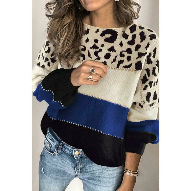 Berg-Feldt | Pullover - Damen Herbst Leopard Patchwork Strickpullover