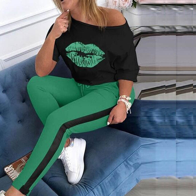 Ensemble haut et pantalon décontracté pour femme Berg-Feldt avec imprimé graphique lèvres