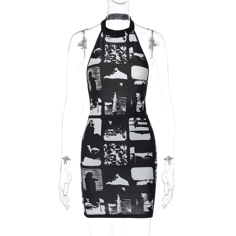 Robe courte pour femme à col montant et imprimé champ de montagne tendance