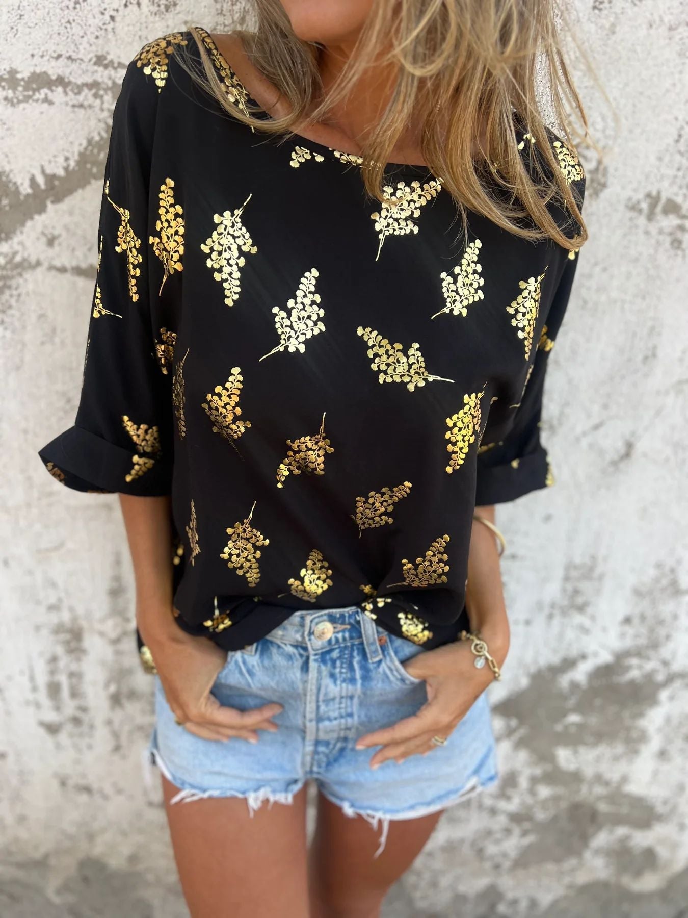 Berg-feldt Blouse femme à motif floral métallisé, manches courtes