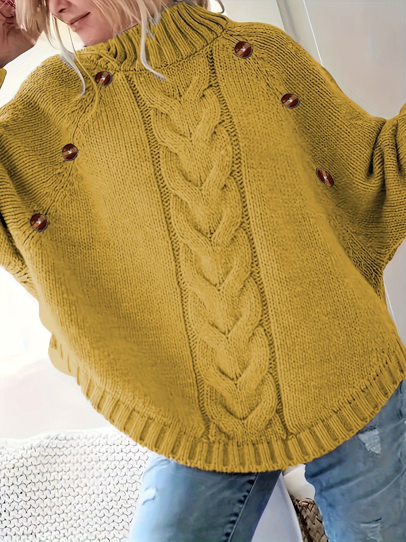 Damen Oversized Strickpullover mit Hochkragen und dekorativen Knopfdetails Berg-Feldt