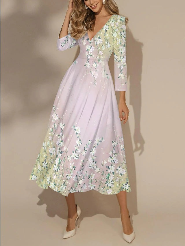 Robe midi trapèze à imprimé floral, col en V et manches 3/4, par berg-feldt