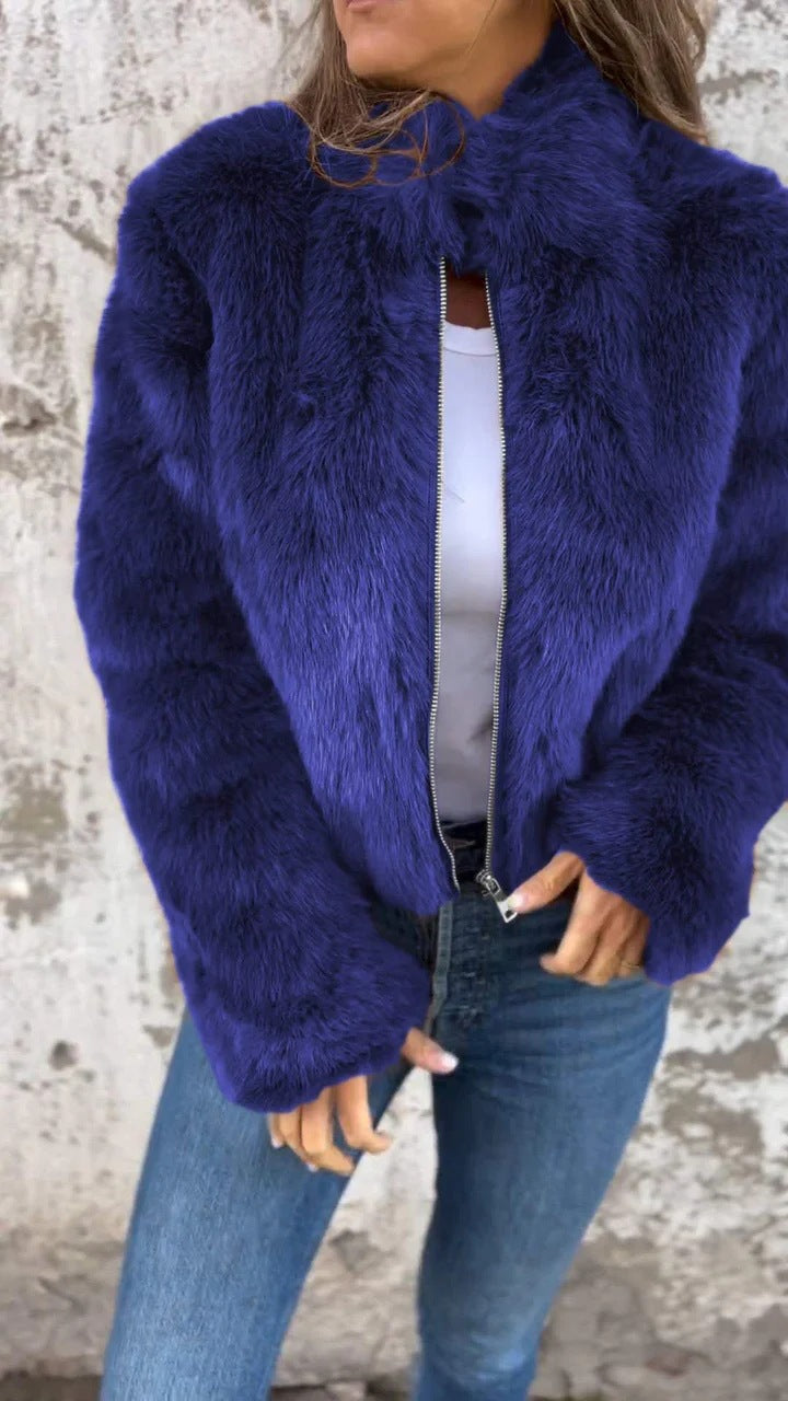 Veste femme en fausse fourrure Berg-Feldt à col montant et fermeture éclair