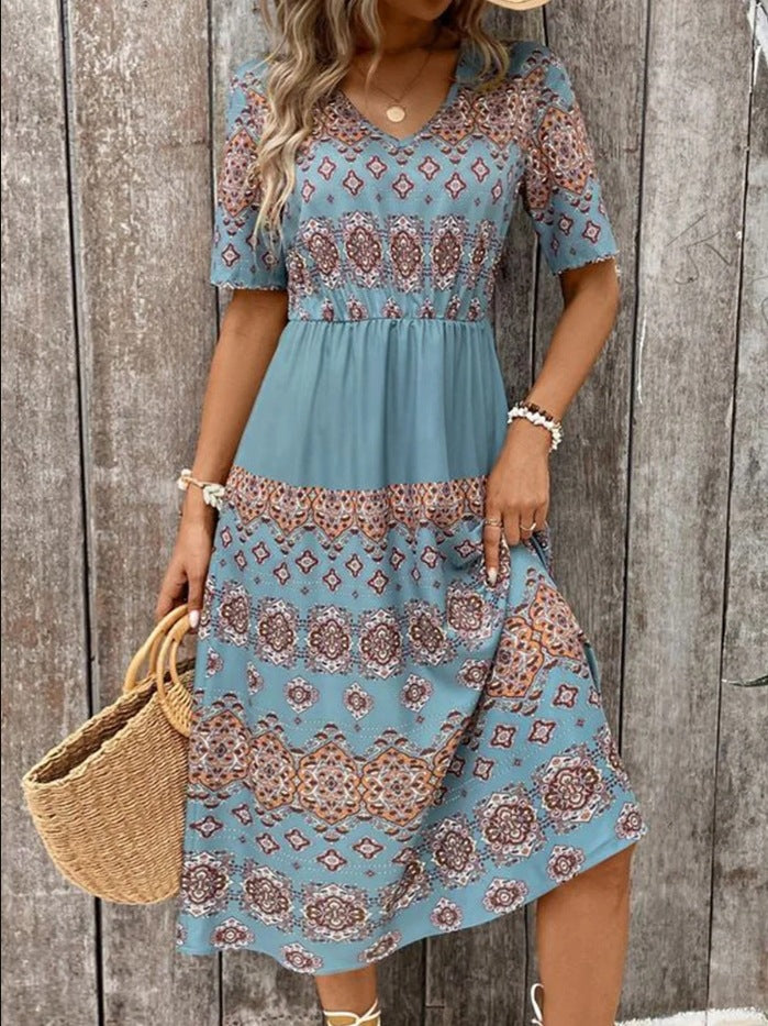 Robe midi pour femme avec col en V, imprimé ethnique et taille élastique de berg-feldt