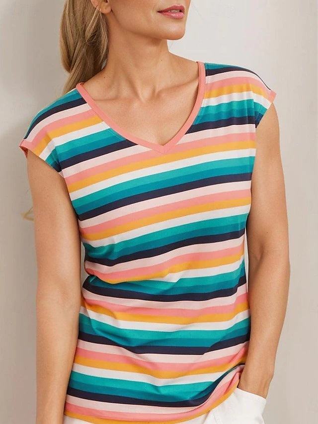 T-shirt femme Berg-Feldt, manches courtes, col en V, rayé