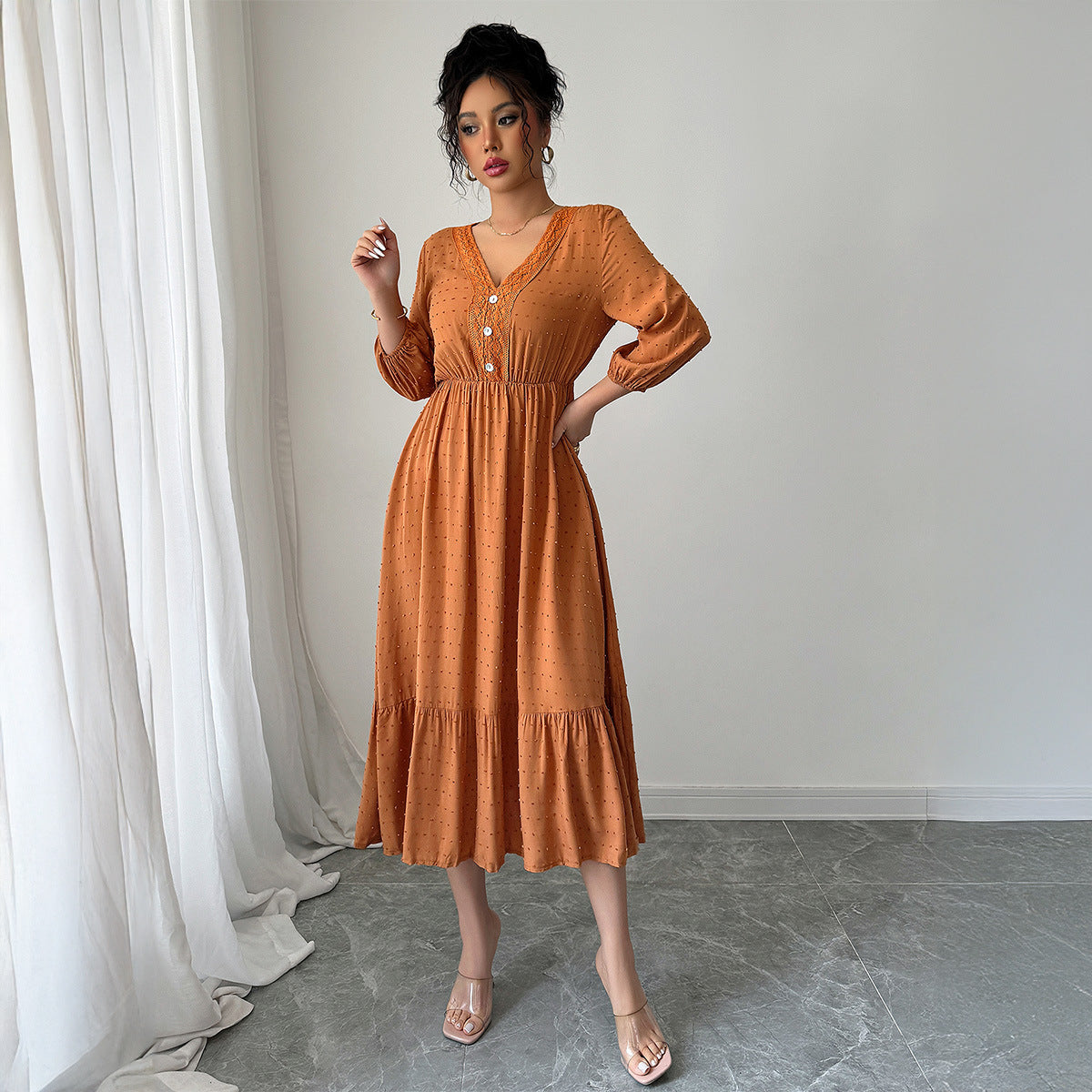 Robe midi Berg-Feldt à col en V et volants pour femme