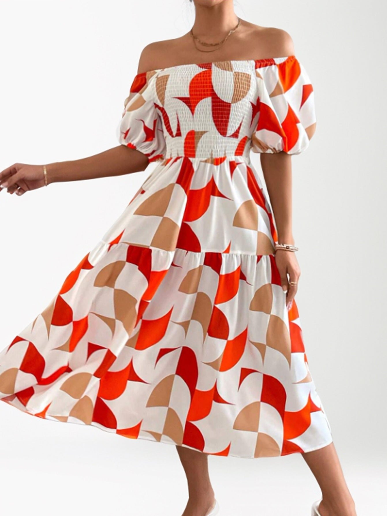 Robe longue pour femme, épaules dénudées, à volants et motif géométrique, de berg-feldt