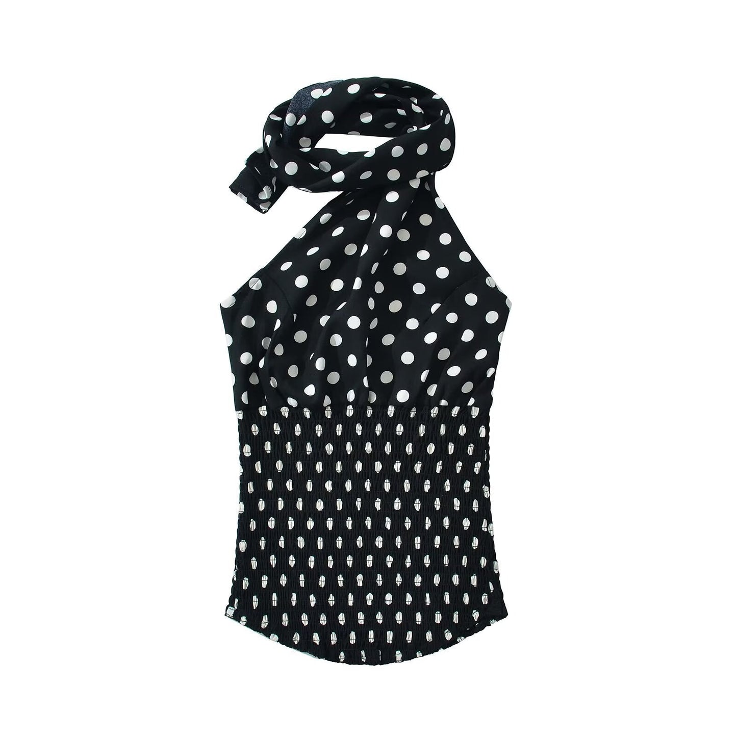 Haut femme Berg-Feldt à col licou, pois et détail à nouer