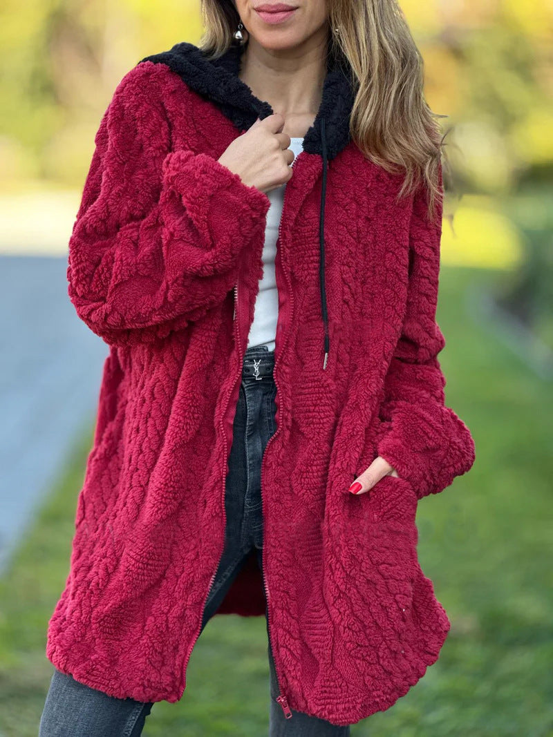 Berg-Feldt | Lange Weinlese Kapuzen Fell Reißverschluss Gestrickte Jacke