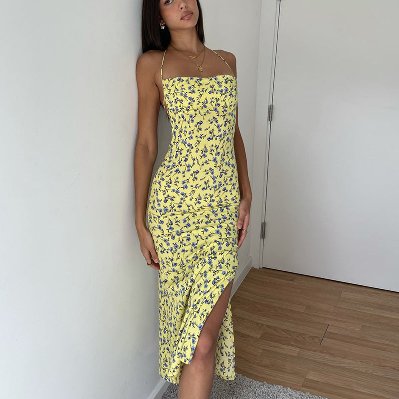 Berg-Feldt Robe longue pour femme, coupe ajustée, à motif floral et avec fente latérale