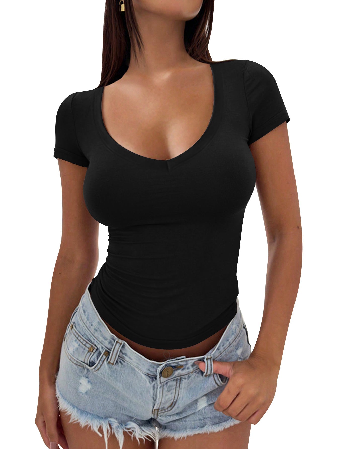 T-shirt ajusté pour femme en V, en tissu stretch doux - Berg-Feldt