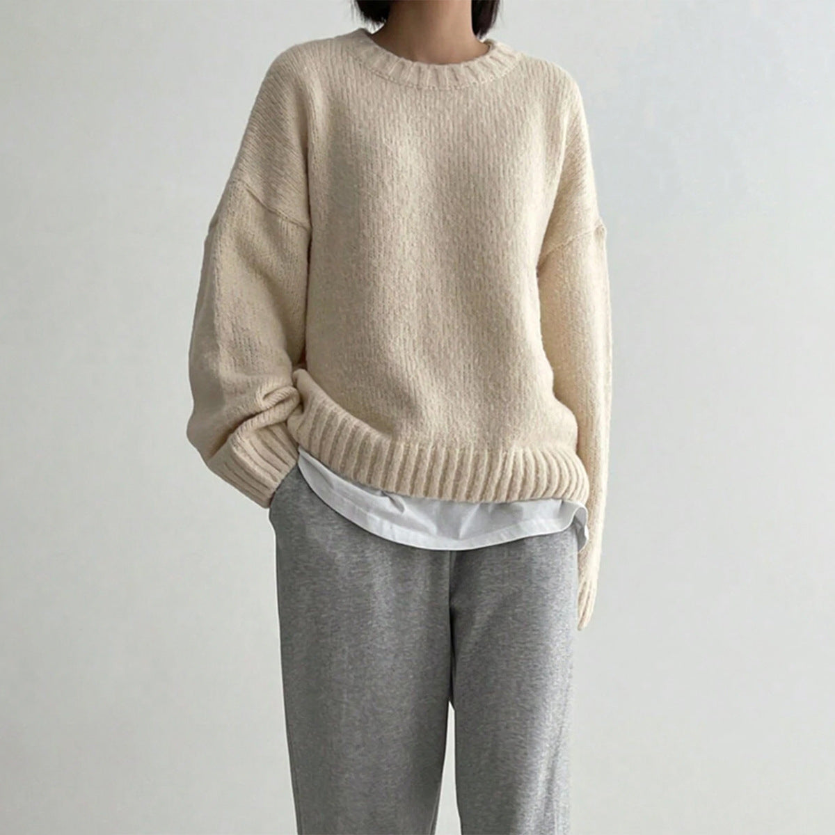 Berg-Feldt | Pullover Gestrickte Wolle Übergröße Schnitt Rundhalsausschnitt Rippendetails