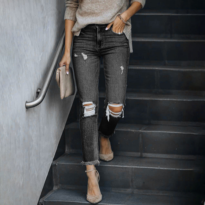 Außergewöhnliche Damen Skinny Jeans mit asymmetrischem Saum und Destroyed-Look von berg-feldt
