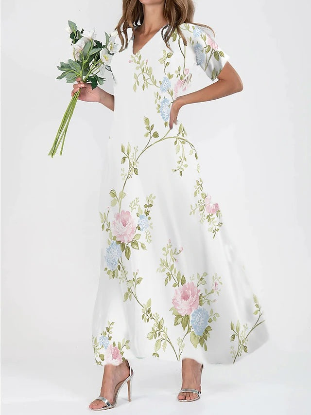 Robe longue à col en V et imprimé marbré abstrait avec manches courtes pour femmes de berg-feldt
