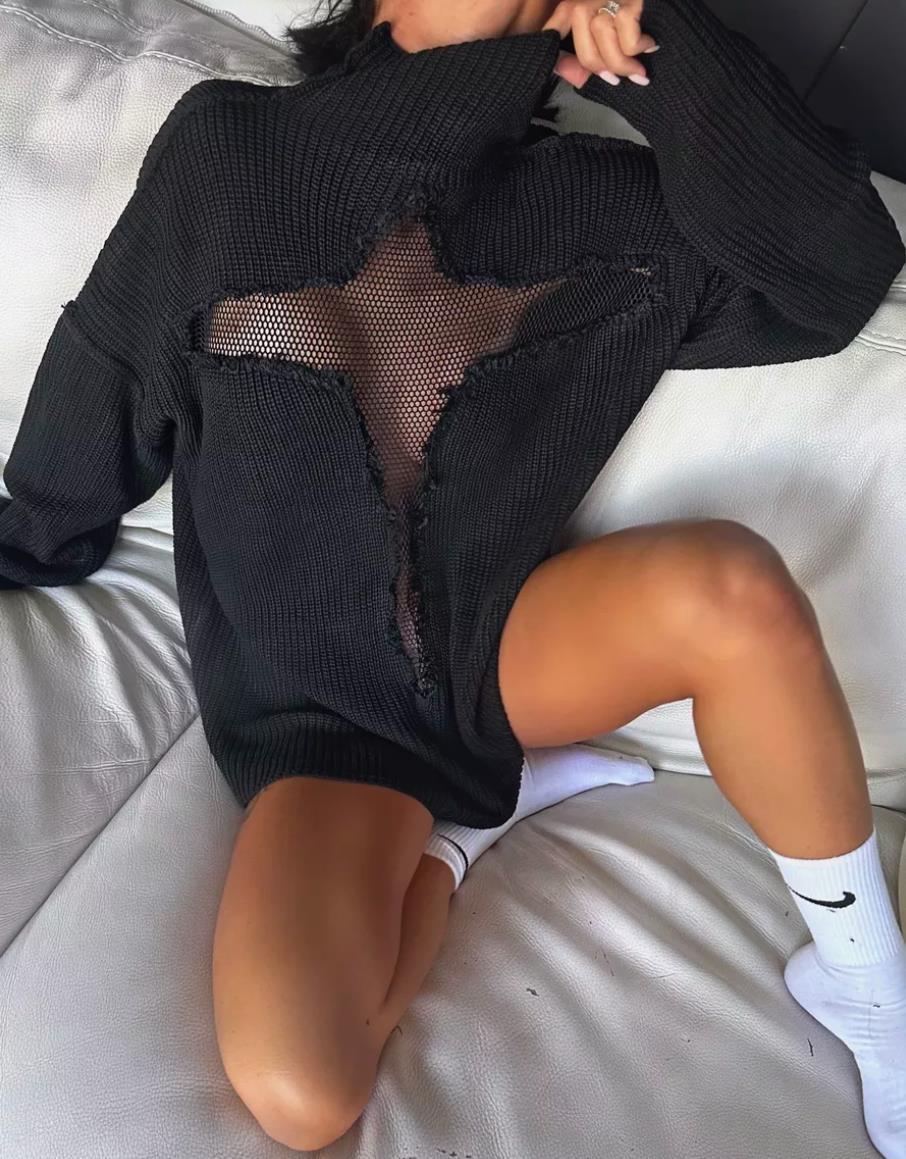 Damen Oversized Strickpullover mit aufregendem Mesh-Einsatz und unkonventionellem Design Berg-Feldt