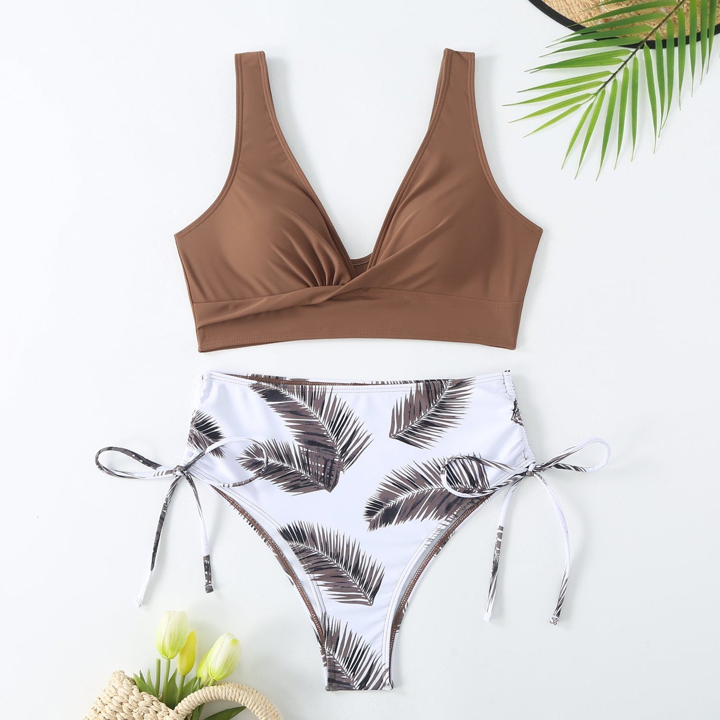 Ensemble de bikini taille haute imprimé feuilles de palmier Berg-Feldt pour femme