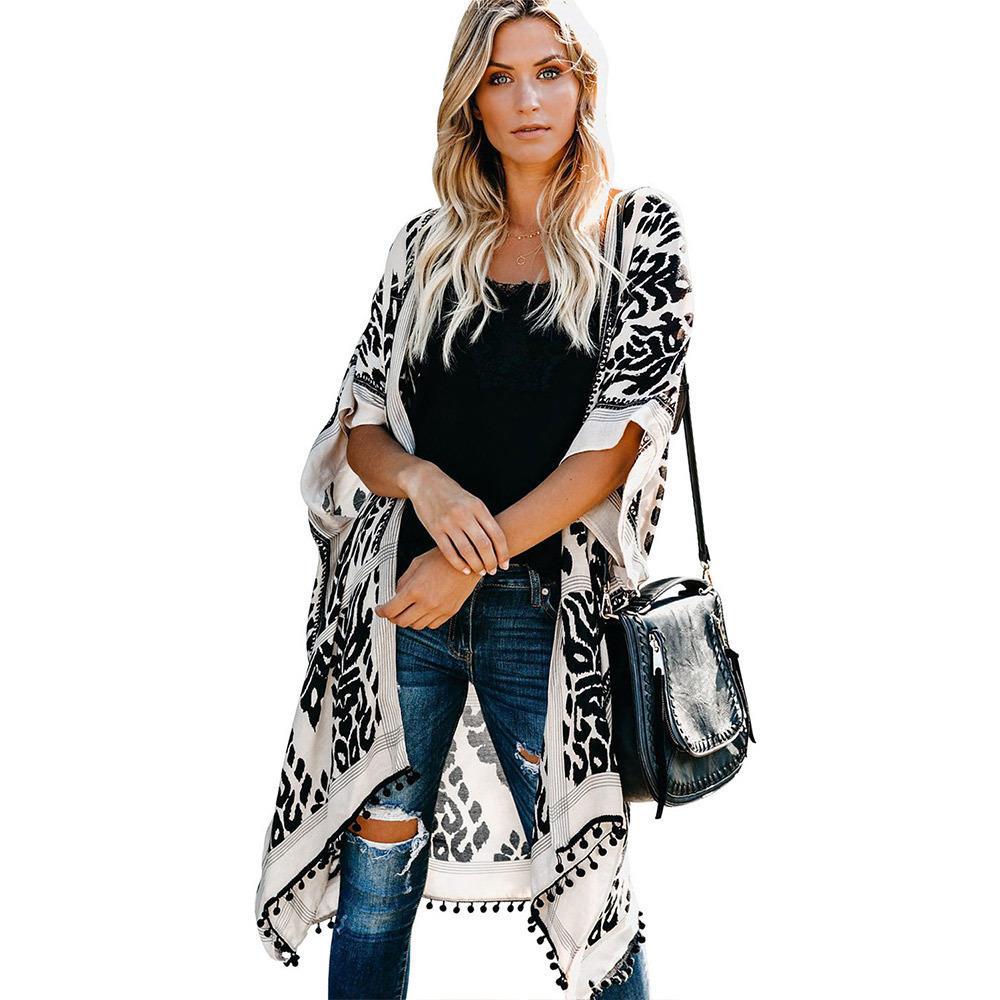 Damen Cardigan Kimono léger à motif complexe et ourlet frangé Berg-Feldt