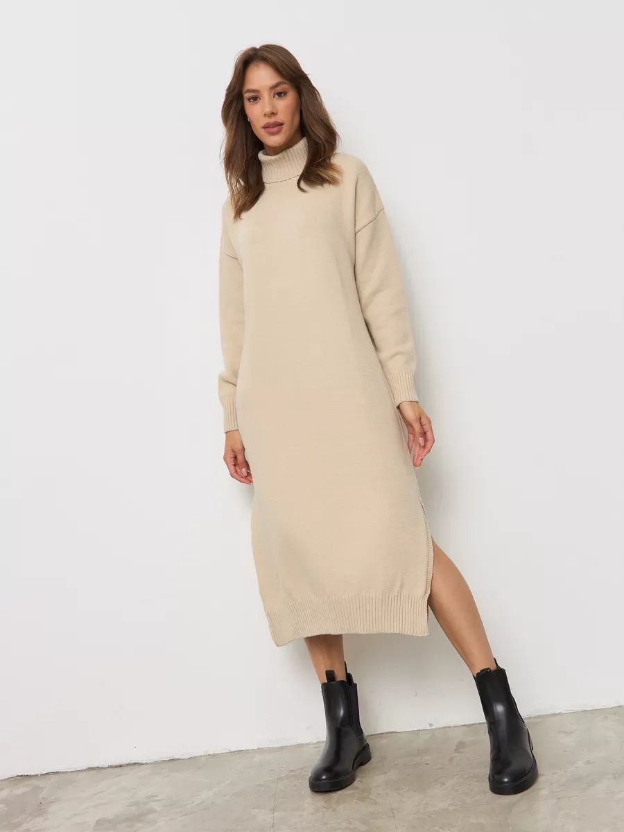 Robe pull douillette pour femme, à col roulé montant et fente latérale, de berg-feldt