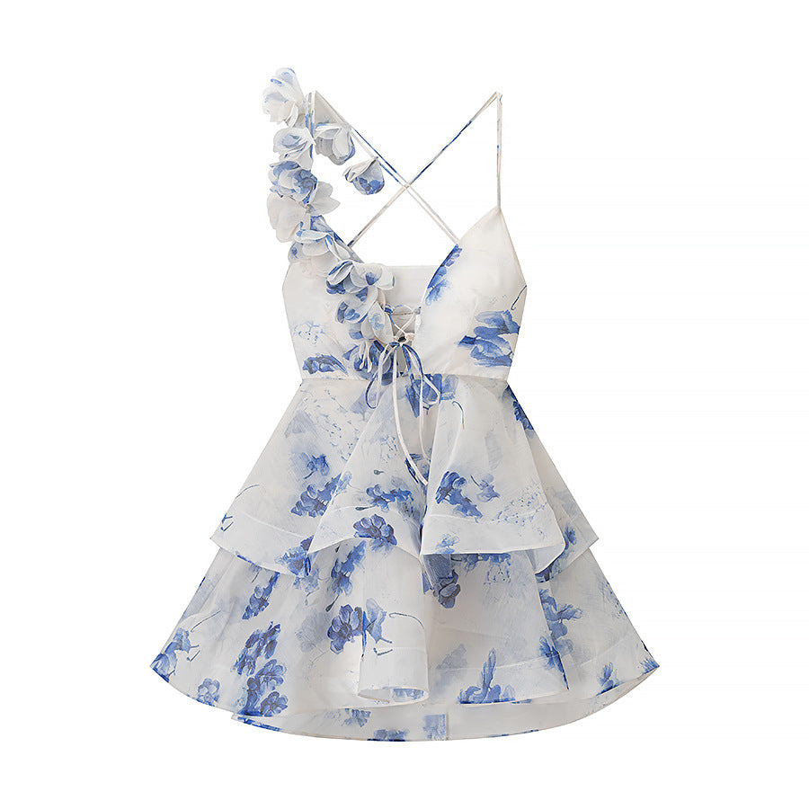 Geripptes Minikleid mit Blumenmuster, asymmetrischen Trägern von berg-feldt