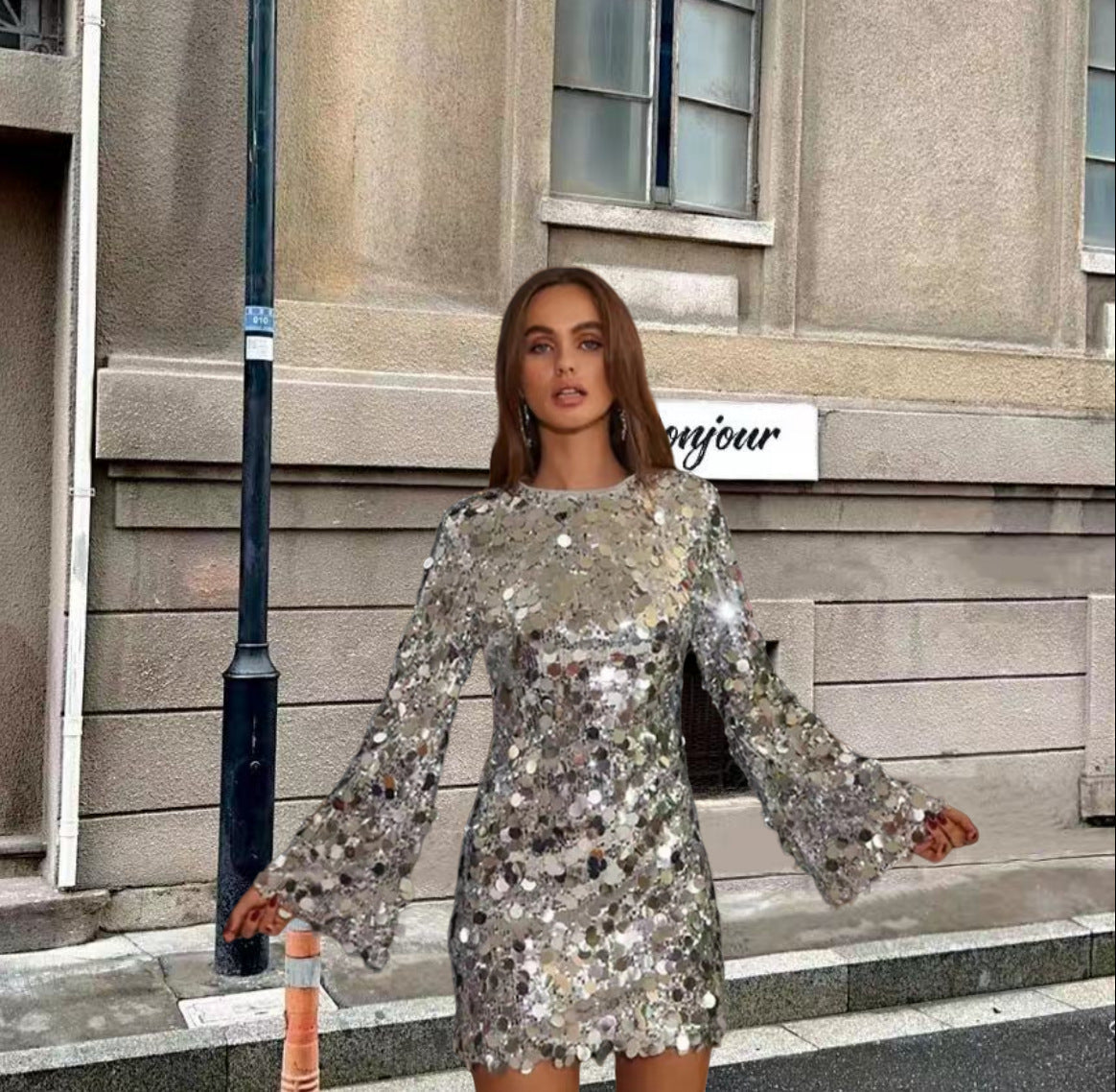 Damen Funkelndes Pailletten Cocktailkleid mit ausgestellten Ärmeln Berg-Feldt