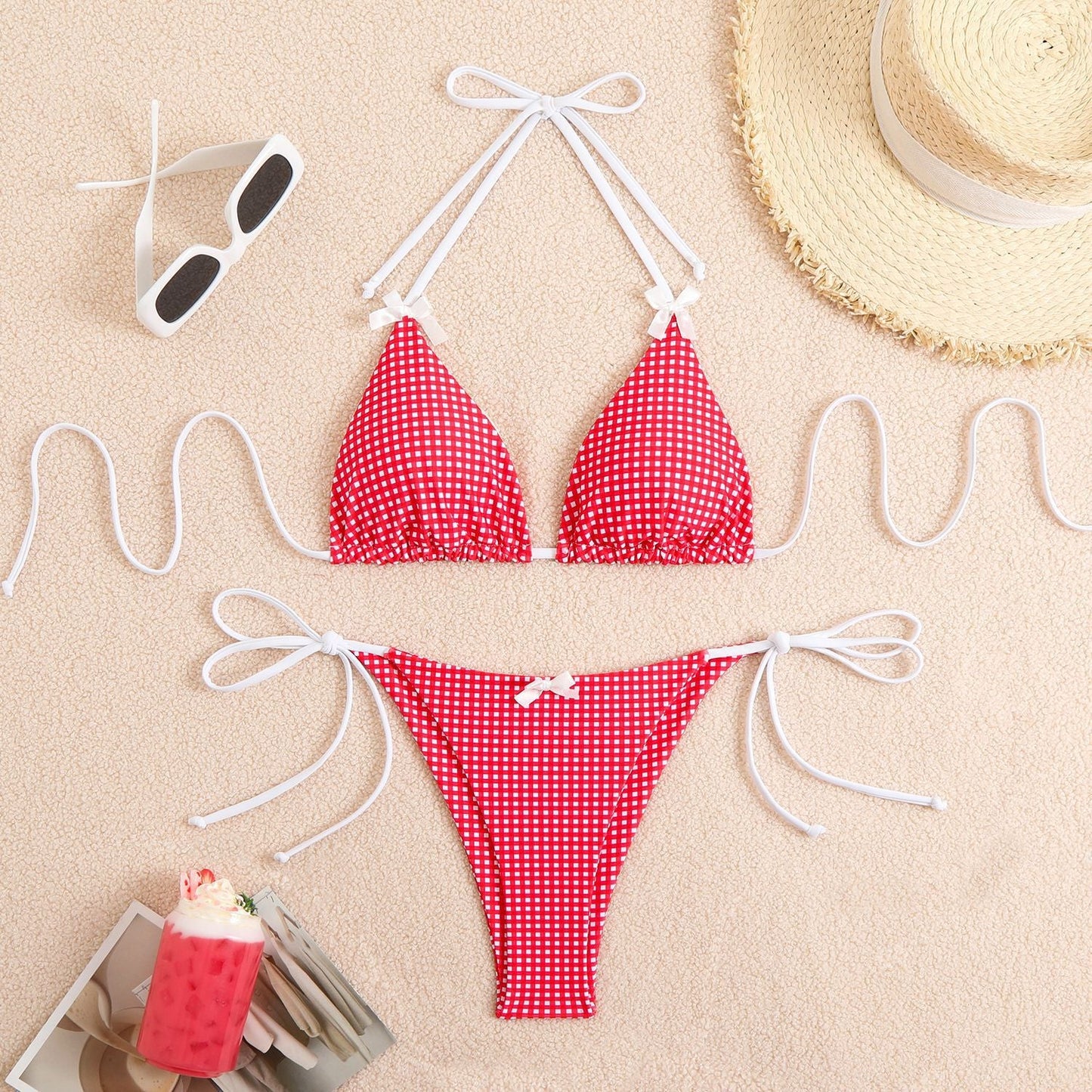Ensemble de bikini Berg-Feldt pour femme : Haut de maillot triangle avec motif à carreaux ludique et bretelles réglables