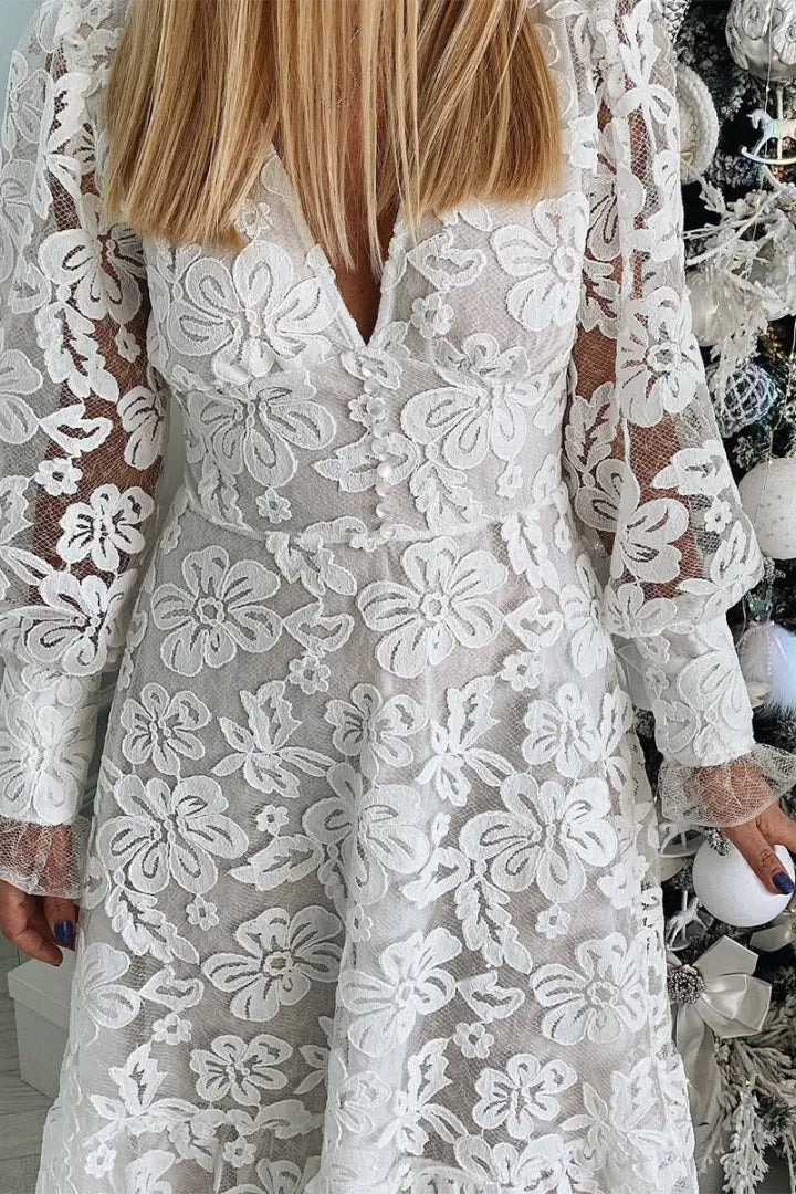 Élégante robe pour femme avec dentelle, col en V et boutons raffinés par berg-feldt