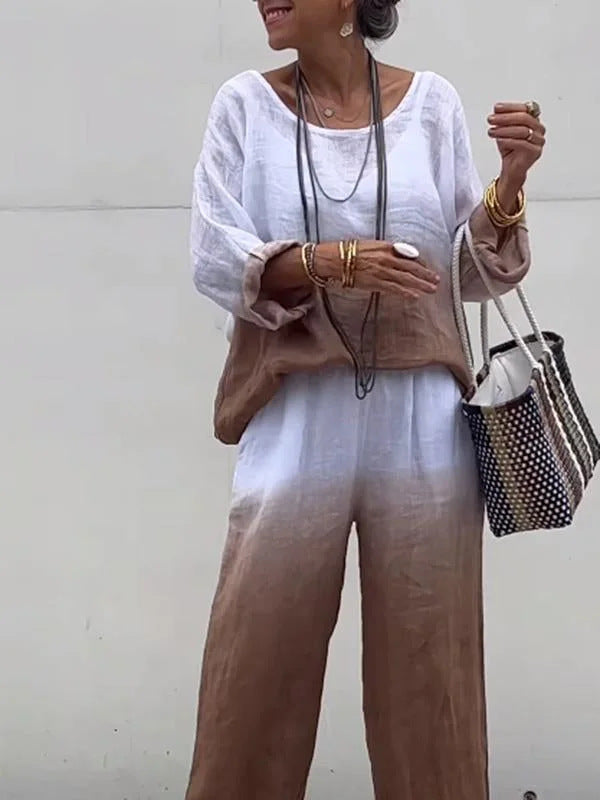 Ensemble élégant de loungewear en lin dégradé avec pantalon large pour femme par berg-feldt