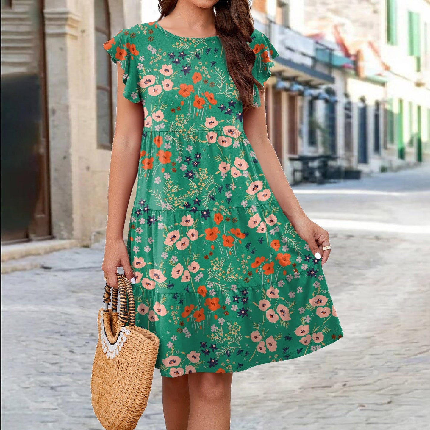 Sommerkleid für Damen, fließend, mit Blumenmuster und Rüschen von berg-feldt
