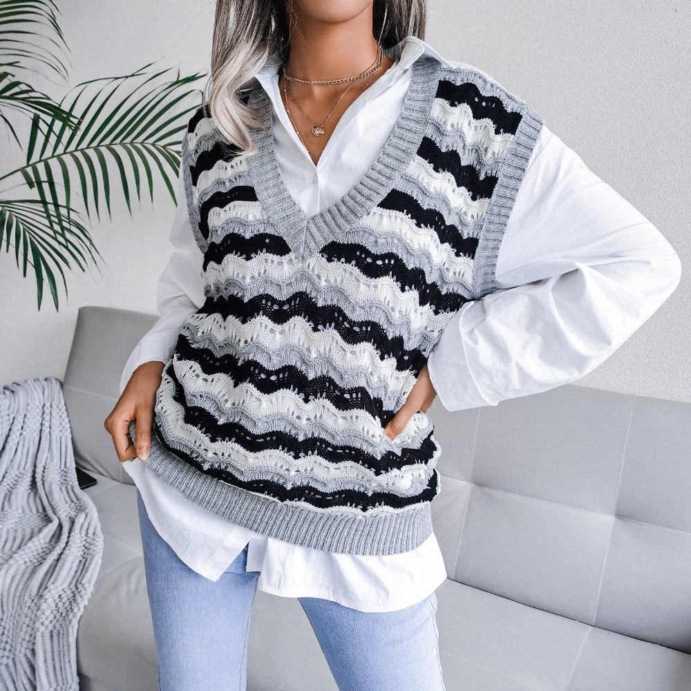 Gilet en tricot pour femme Berg-Feldt, col en V, motif ondulé