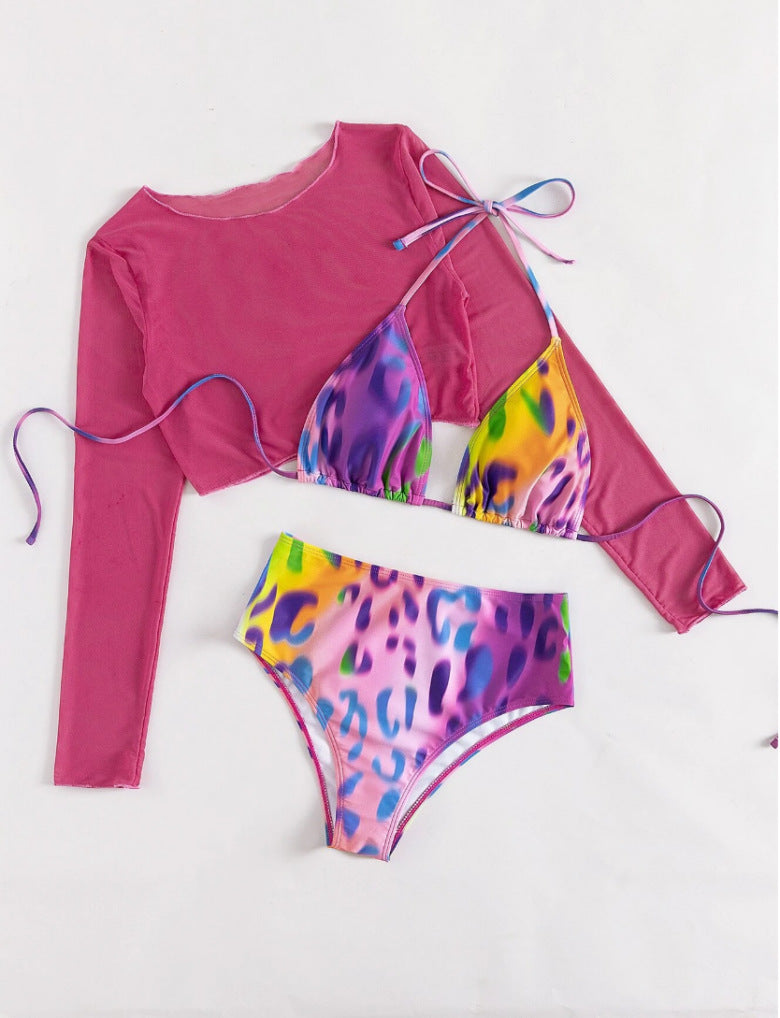 Ensemble bikini pour femme : crop top à manches longues et imprimé animal coloré