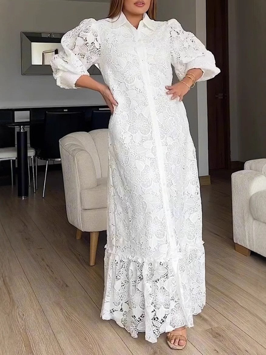 Robe élégante en dentelle à manches bouffantes et manches longues, boutonnée, de berg-feldt