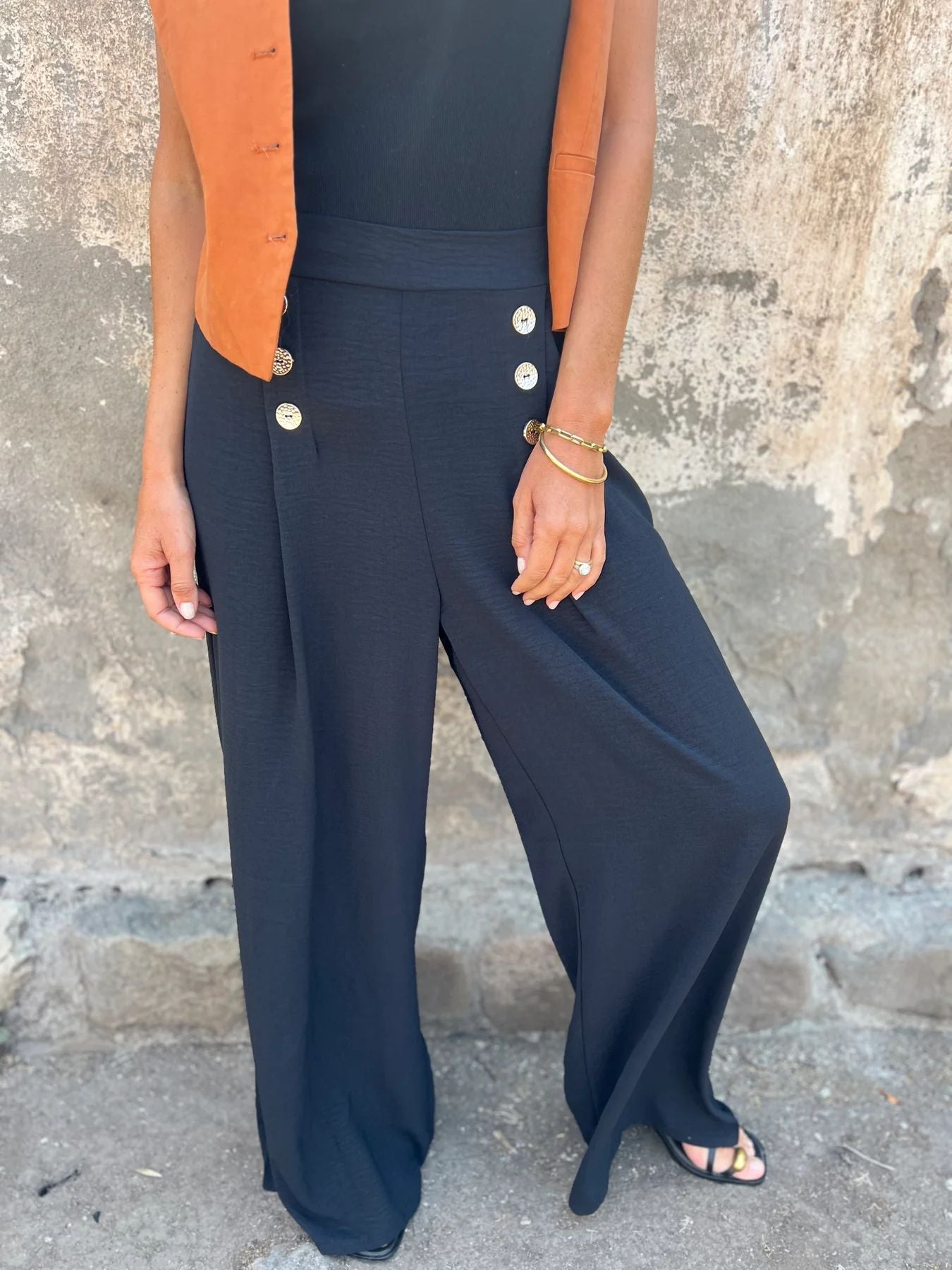 Berg-Feldt Pantalon Palazzo Femme Taille Haute avec Boutons Tendance