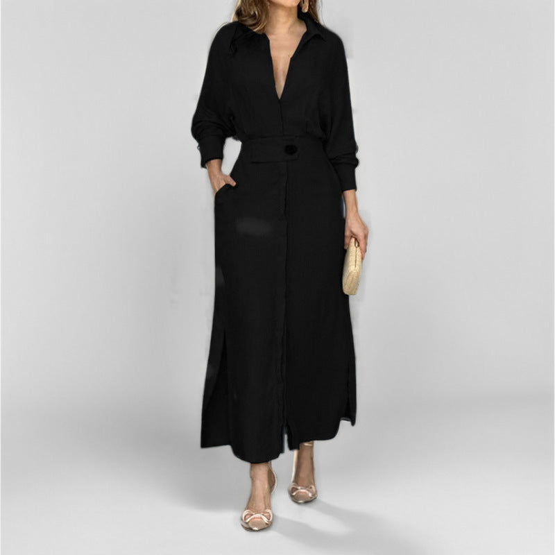 Elegantes Maxikleid mit tiefem V-Ausschnitt, Gürtel und lässigem Schnitt von berg-feldt