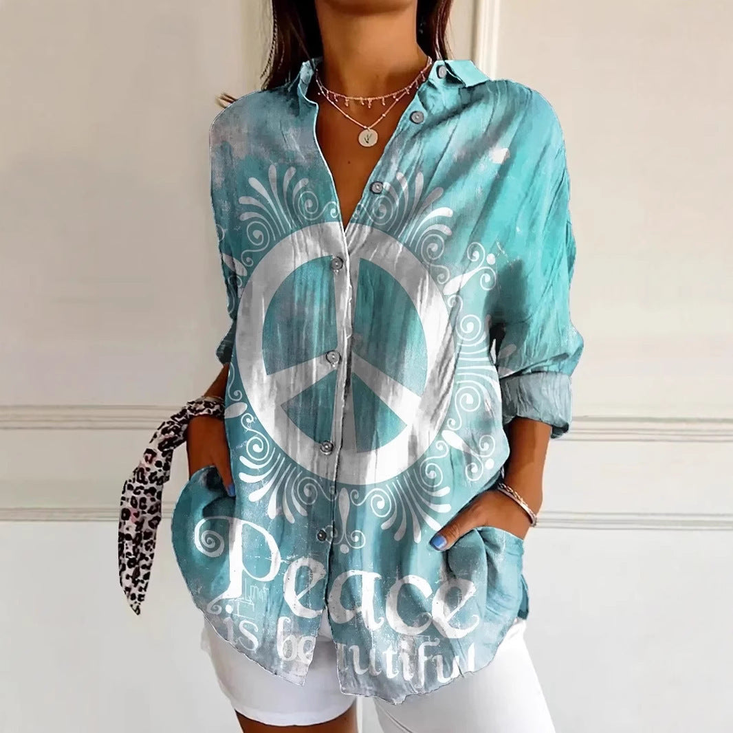 Exklusive Damen-Bluse im lässigen Style, buntes Peace-Motiv, hochwertiger berg-feldt Stoff