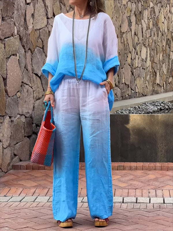 Ensemble élégant de loungewear en lin dégradé avec pantalon large pour femme par berg-feldt