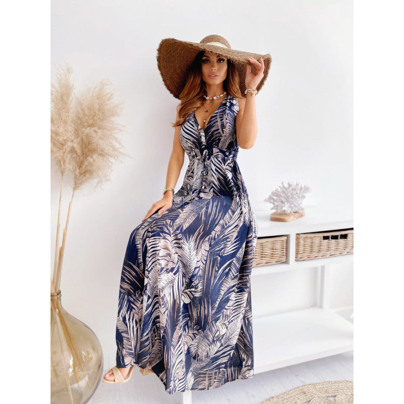 Maxikleid für Damen im Tropen-Print mit fließendem Stoff und verstellbarem Knotengürtel von berg-feldt