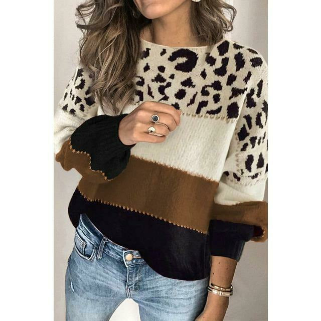 Berg-Feldt | Pullover - Damen Herbst Leopard Patchwork Strickpullover