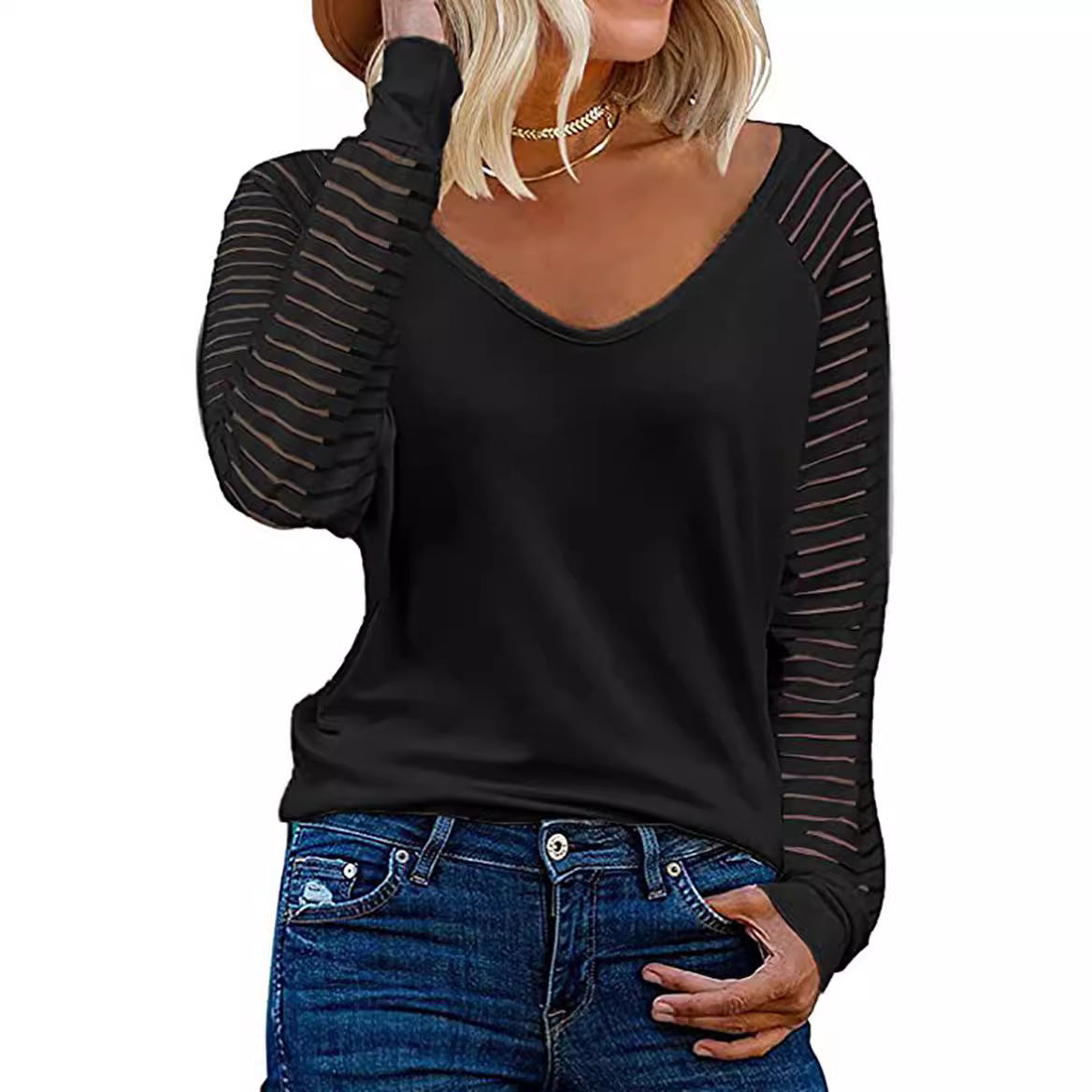 T-shirt à manches longues et col en V pour femme avec manches rayées Berg-Feldt