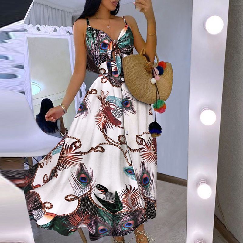 Robe longue fleurie pour femme avec fines bretelles réglables et détails noués, de berg-feldt