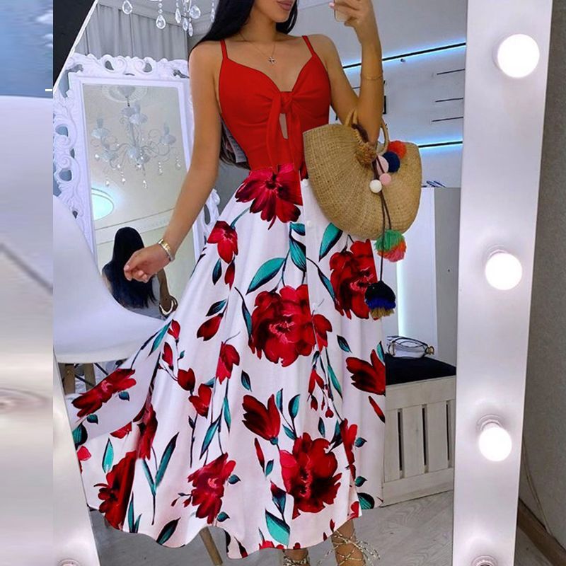Robe longue fleurie pour femme avec fines bretelles réglables et détails noués, de berg-feldt