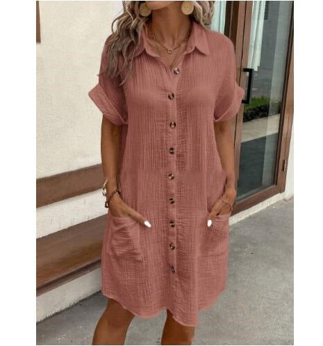 Robe en coton Fudus : Robe en lin à col en V et boutonnée