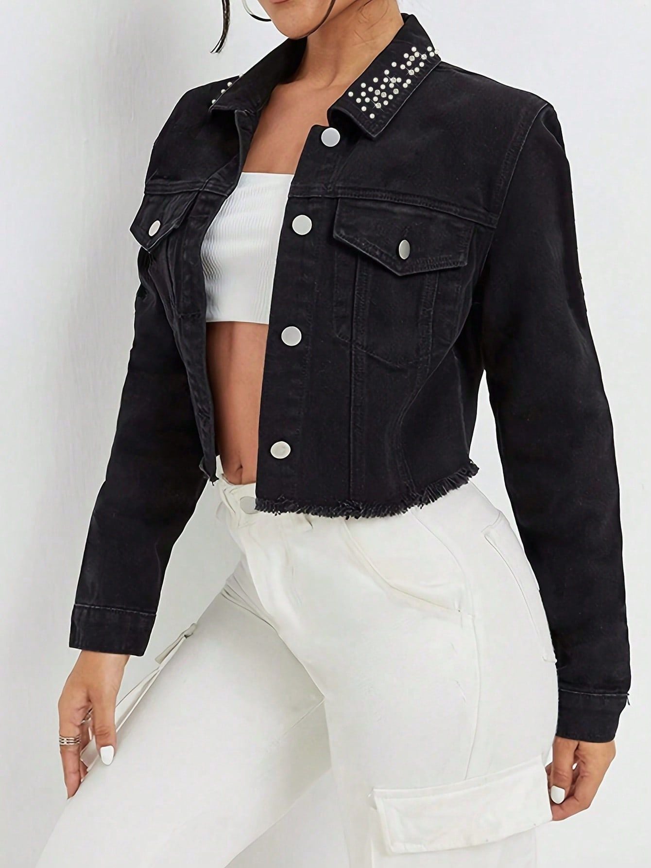 Trendige Damen Jeansjacke, Cropped, mit Perlen und lässigem Schnitt von berg-feldt
