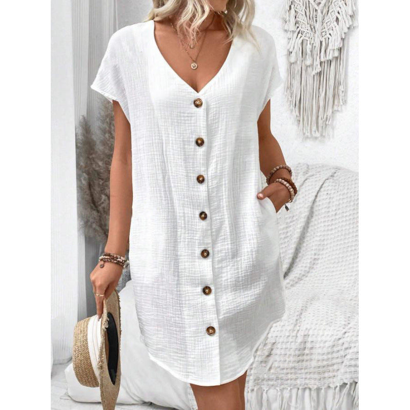 Robe en coton et lin à col en V boutonnée Fudus
