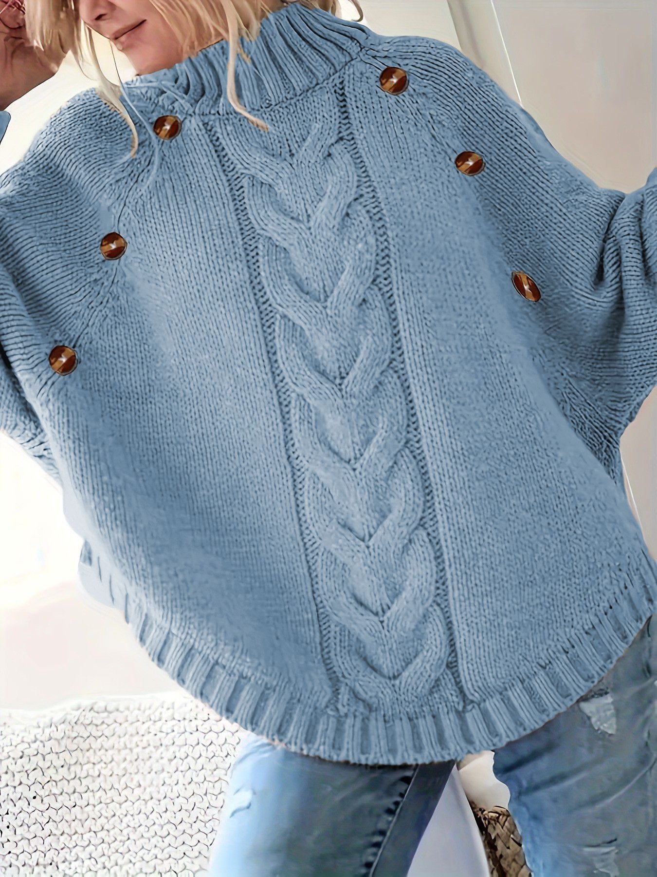 Damen Oversized Strickpullover mit Hochkragen und dekorativen Knopfdetails Berg-Feldt