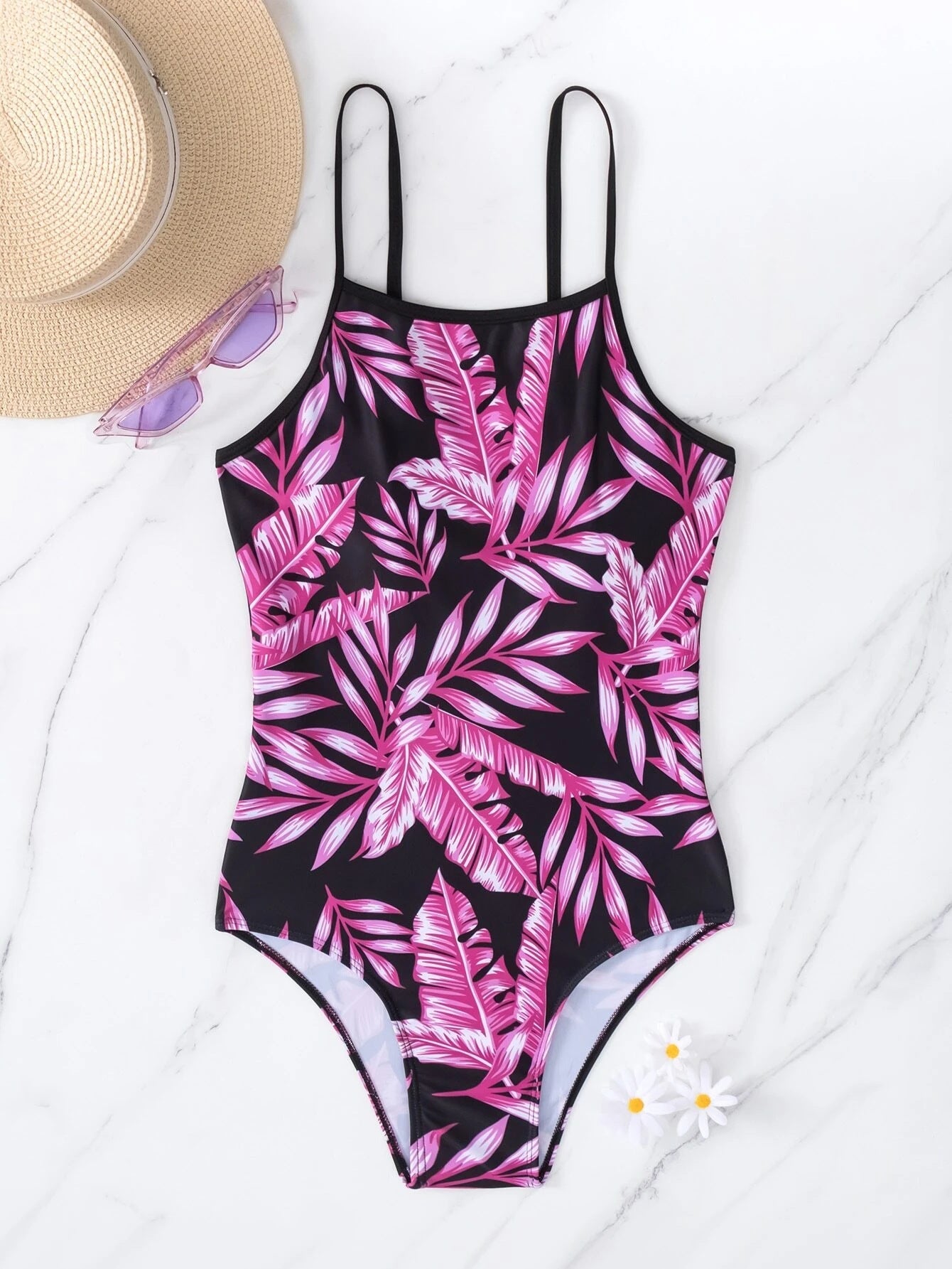 Maillot de bain femme Berg-Feldt imprimé feuilles tropicales, col montant